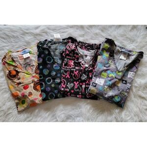 Lot Of 4 Scrub Tops Peaches Colorful Breast Cancer Abstract Tops Size XSmall